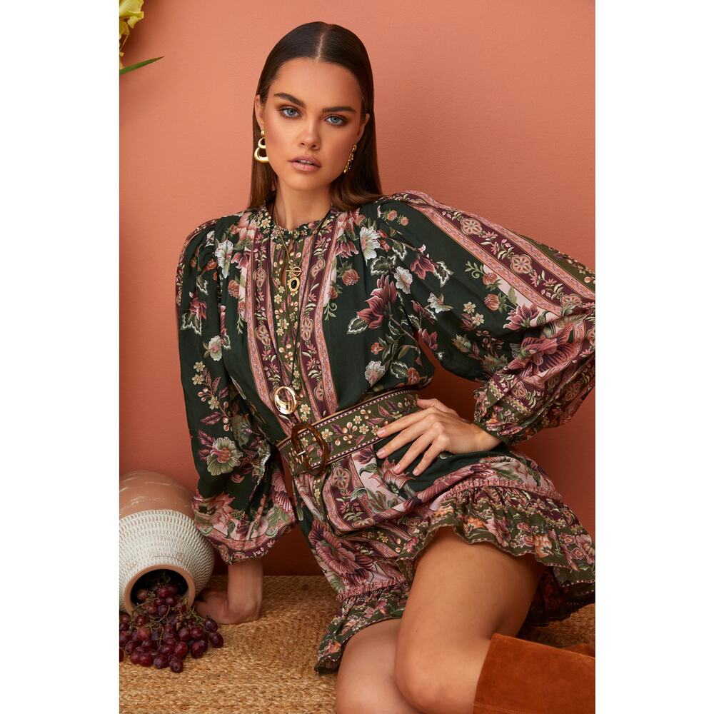 NWT Anthropologie Farm Rio Flowering Garden Tree Belted Puff Sleeve Mini Dress L - Picture 16 of 16